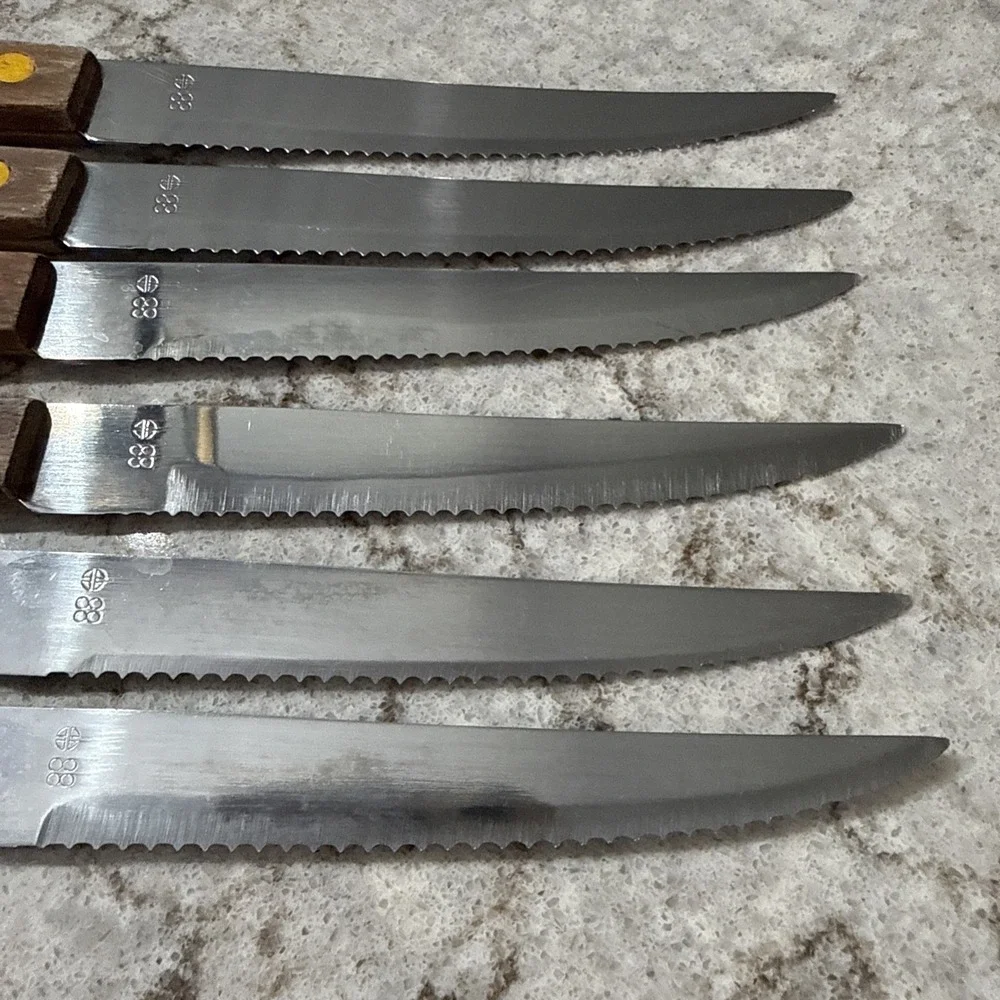 6 Vintage Brand Ware Stainless Steel Steak Knives Wooden Handles Dainty Set